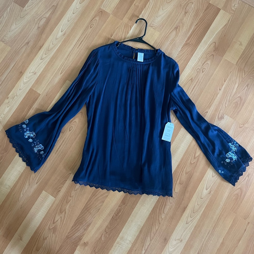 Navy blue long sleeve blouse with embellished sleeves NWT